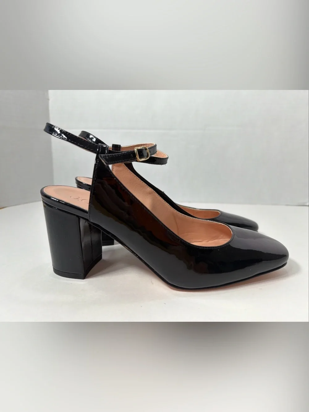 J Crew BLACK PATENT MAISIE ANKLE STRAP BLOCK HEELS Size 7.5 US NWOB